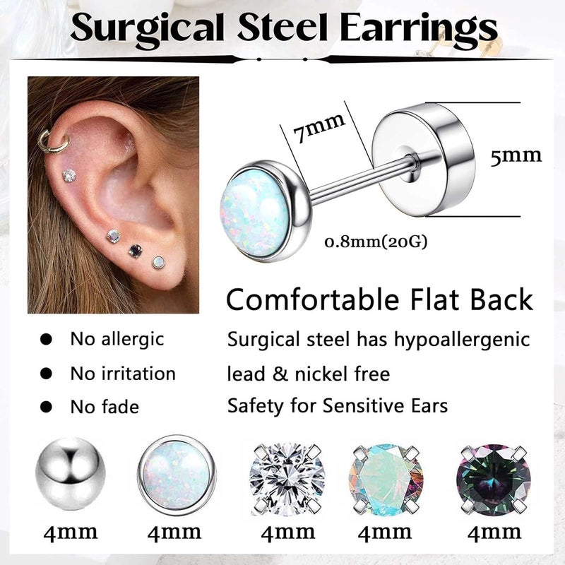 Jstyle Surgical Steel Earrings for Sensitive Ears Hypoallergenic 20G Stainless Steel Stud Hoop Earrings for Women Men Small Opal Ball CZ Surgical Steel Flat Back Earrings Cartilage Earrings Hoop Stud - Image 5